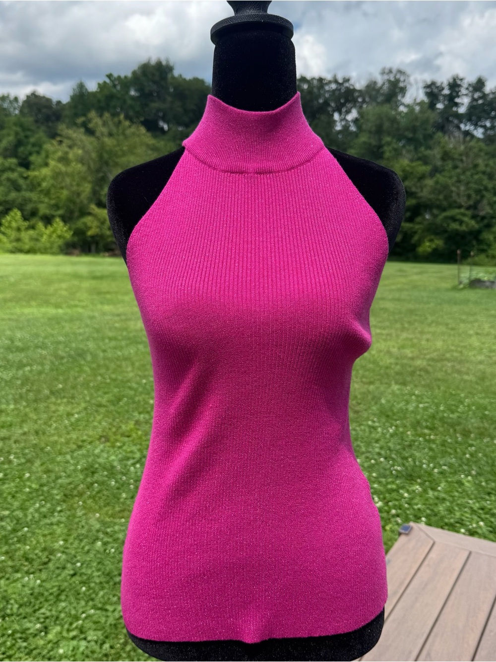 Y2K Hot Pink Sleeveless Mock Neck Knit Tank - Hot Pink